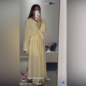 H&M SET Butter Yellow Maxi circle Skirt & LACING-DETAIL CHIFFON BLOUSE